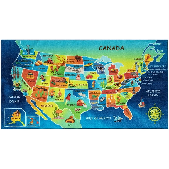 Furnish My Place 762 USA Map HD 3'3"x6'6" USA Map Area Rug for Childrens, Skid Resistant Rubber Backing Floor Mat, Multicolor