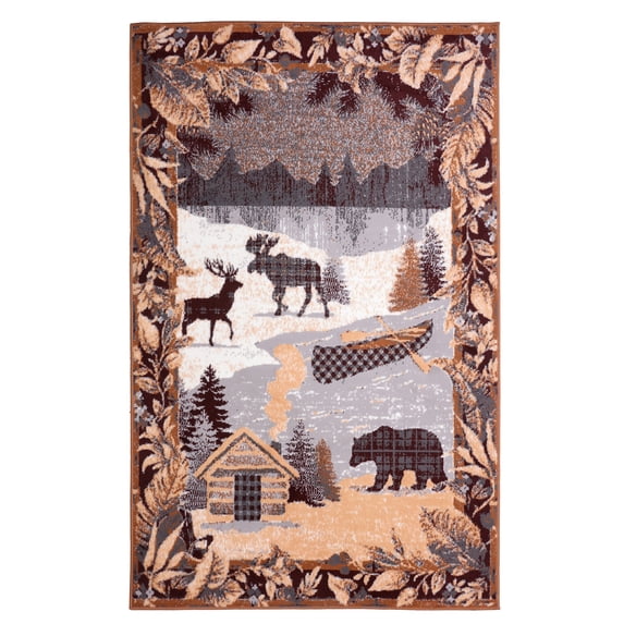 Furnish My Place Beige Cabin Rug - 3 ft. 6 in. x 5 ft. 6 in., Multicolor, Lodge Rug with Mountain, Deer, Snow Print, Bedroom, Living Rooms