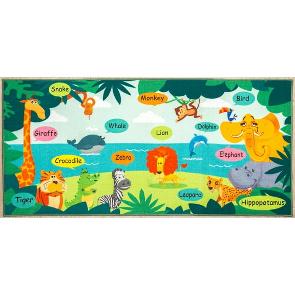Furnish My Place Indoor Area Rug for kids - 6 ft. 6 in. x 9 ft. 2 in., Multicolor, Animal Names Rug with Jute Backing