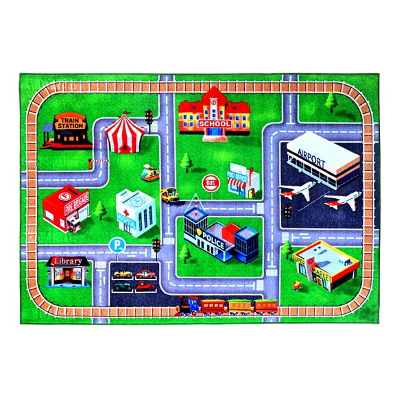 Furnish My Place Indoor Area Rug for kids - 6 ft. 6 in. x 9 ft. 2 in., Multicolor, City Map Rug with Jute Backing
