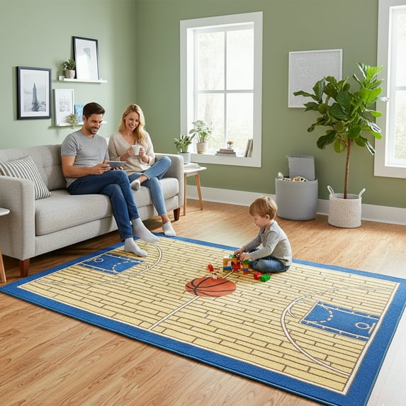 Furnish My Place Indoor Area Rug for kids - 6 ft. 7 in. x 9 ft. 2 in., Blue, Basketball Rug with Jute Backing