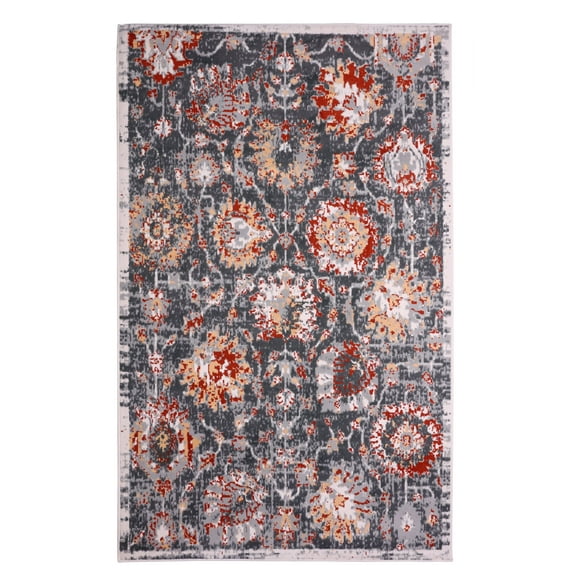 Furnish My Place Indoor Distressed, Floral Rug with Jute Backing - 2 ft. x 4 ft., Dark Grey, Oriental, Area Rug for Living Room, Bedroom, Hallway