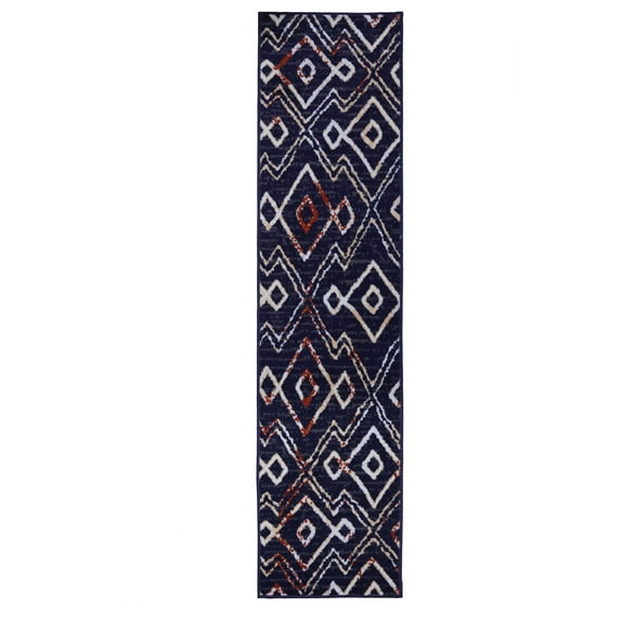 Furnish My Place Indoor Moroccan Geometric Print Rug with Jute Backing Runner - 2 ft. x 8 ft., Navy, Patterned, Area Rug for Living Room, Bedroom, Hallway