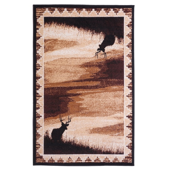 Furnish My Place Wildlife Cabin Rug – 3ft. 6in. x 5ft. 6in, Multicolor Lodge Area Rug with Eclectic Border, Twin Moose Pattern, Jute Backing. Country Interior Decor, Living Room