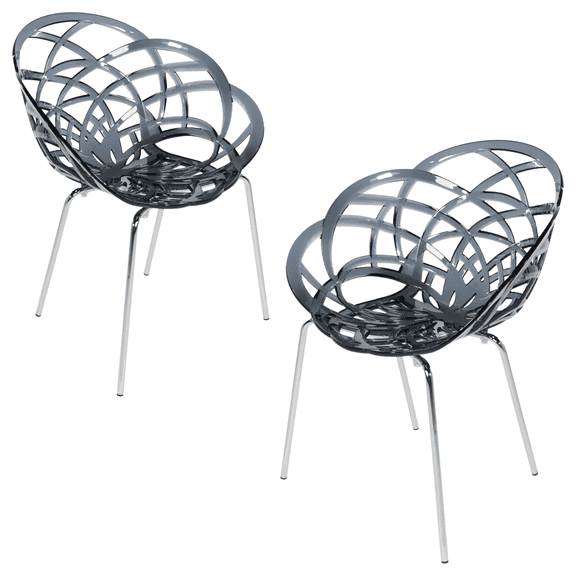 Furnish Theory Fleur-ML Stackable Dining Armchairs Arm Chairs w/ UV-Stabilized Polycarbonate Shell & Chrome-Plated Steel Legs (Transparent Smoke; Set of 2)