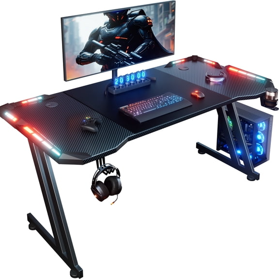 Furnishia 47/55/63 Inch Z Shaped Gaming Table With LED Lights, Carbon Fiber Table Top & Oversized mouse Pad Computer Desk, Office Desks With Cup Holder & Headphone Hook For Bedroom, Office, Black