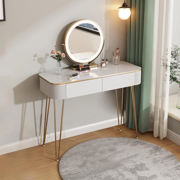 Furnistar Small Vanity Desk with Round Mirror and Lights| 39" Modern Vanity Table with 2 Drawers| Makeup Dressing Table for Bedroom White and Gold