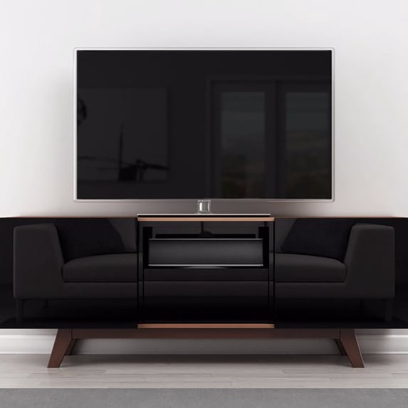 70" Modern TV Stand Media Console for Flat Screen and Audio Video Installations with Italian Engineered Veneer Case & Black High Gloss Lacquer