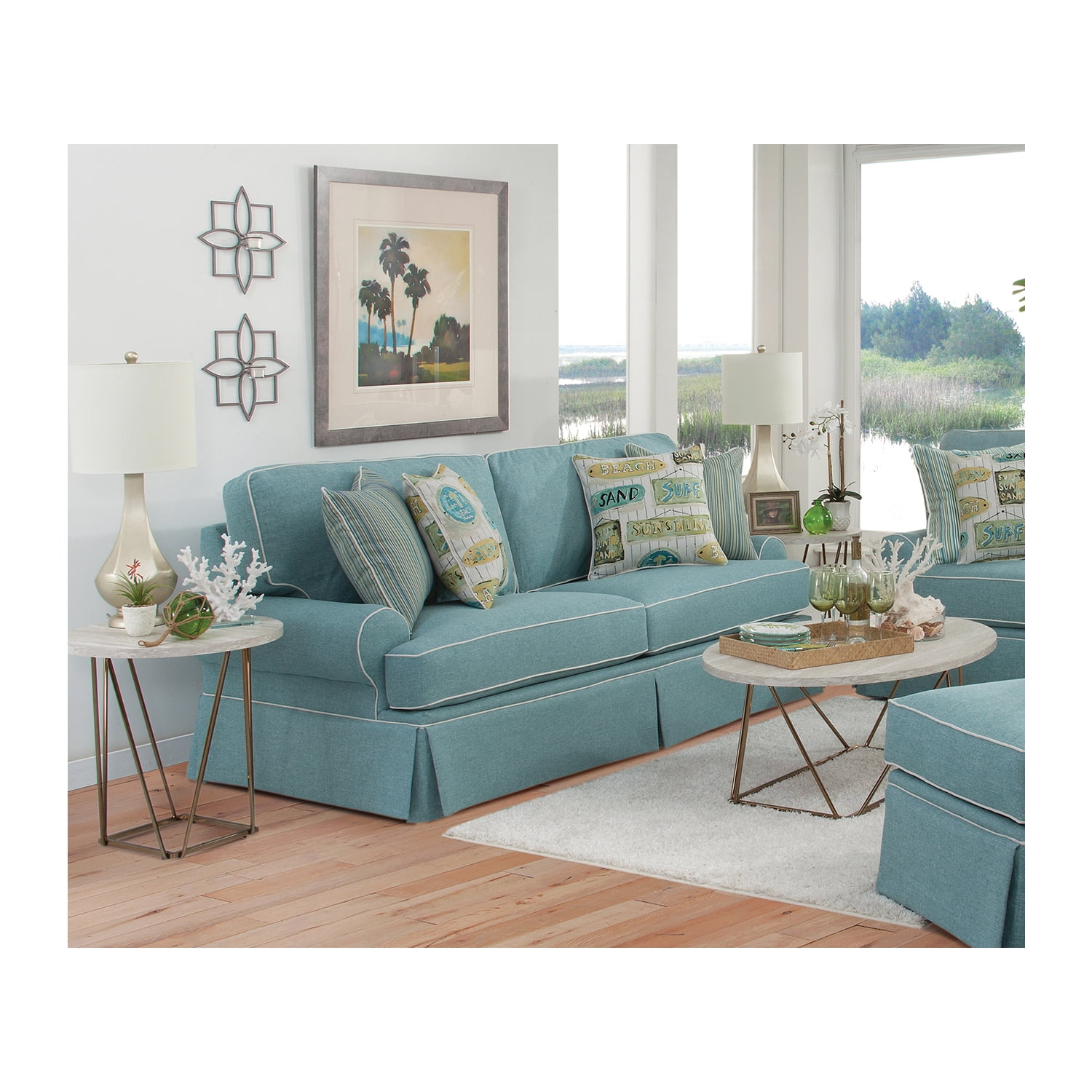 Aqua Linen Round Arm Sofa with Coastal Pillows
