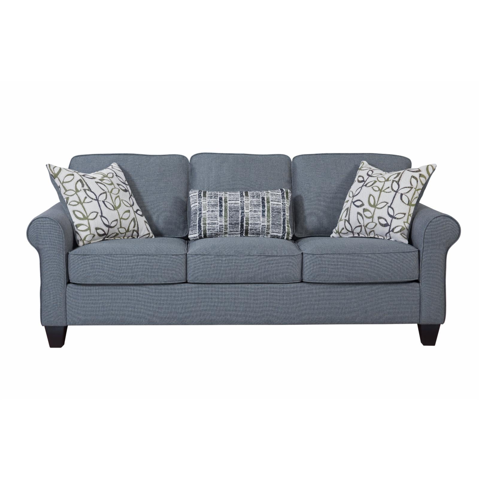 Classic Cottage Blue Fabric Sofa with Rolled Arms and Pillows