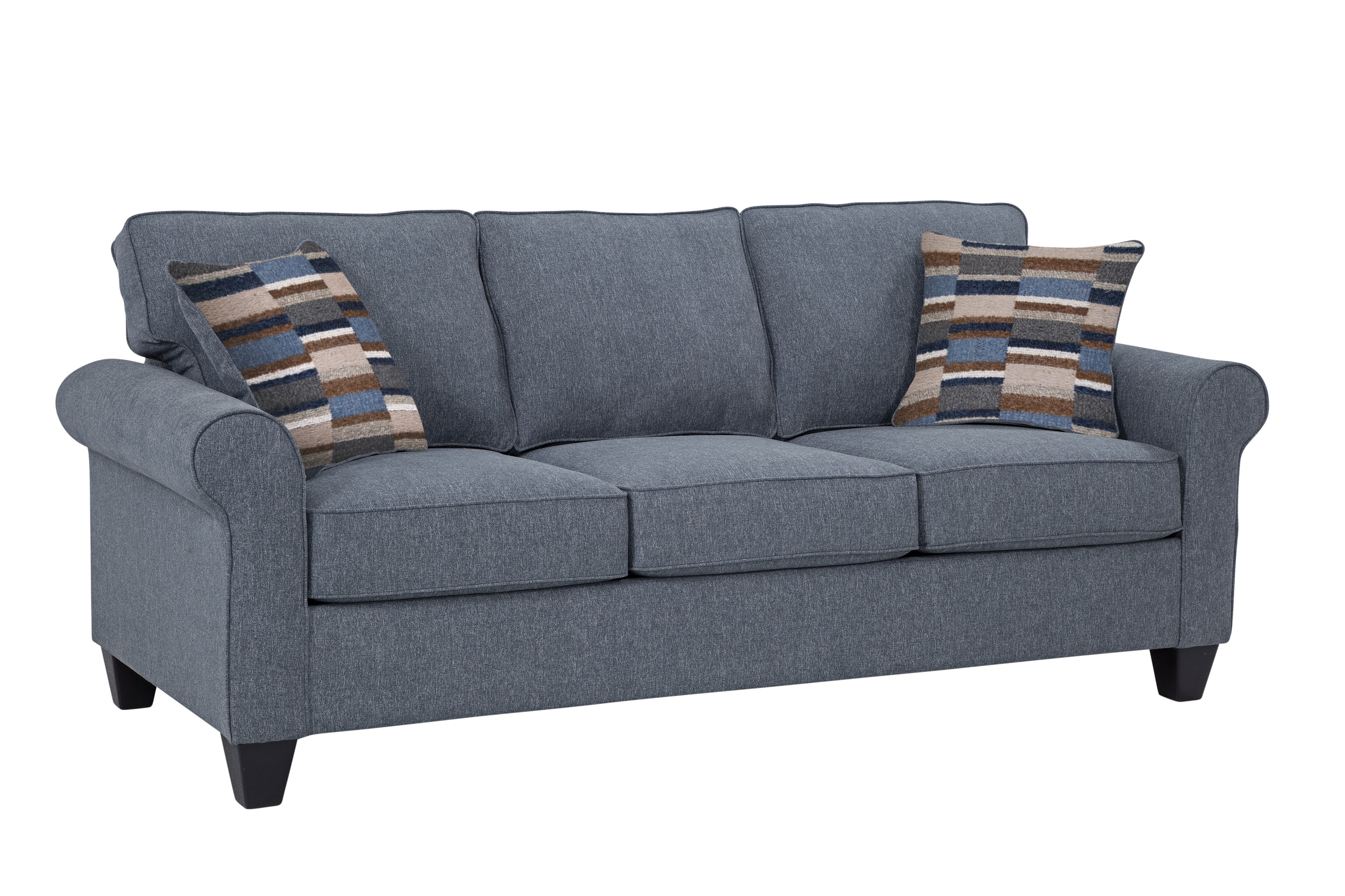 Blue Linen Rolled Arm Sofa with Removable Cushions
