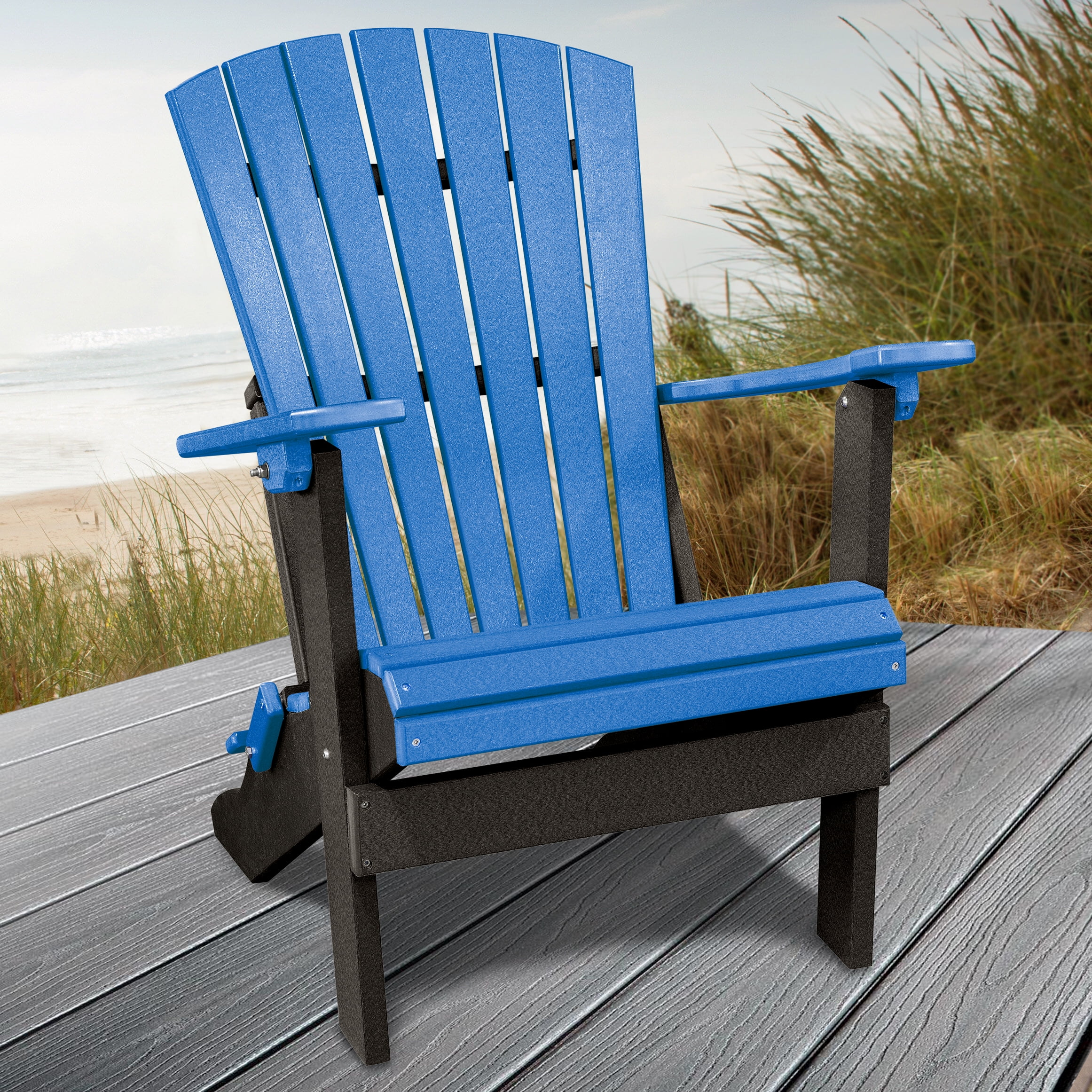 Furniture Classics Model 519BBK Fan Back Folding Adirondack Chair in Weatherwood with a White Base