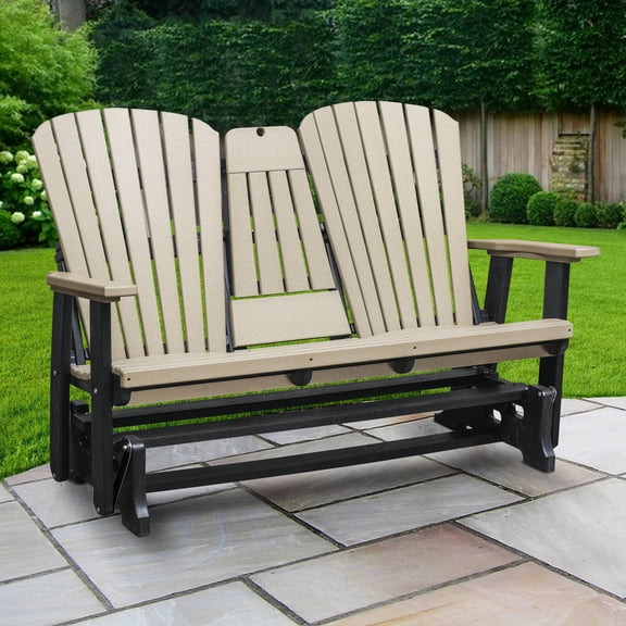 Furniture Classics Model 524WWBK Two Seat Fan Back Glider with Drop Down Table/Cup Holder in Weatherwood with Black Base