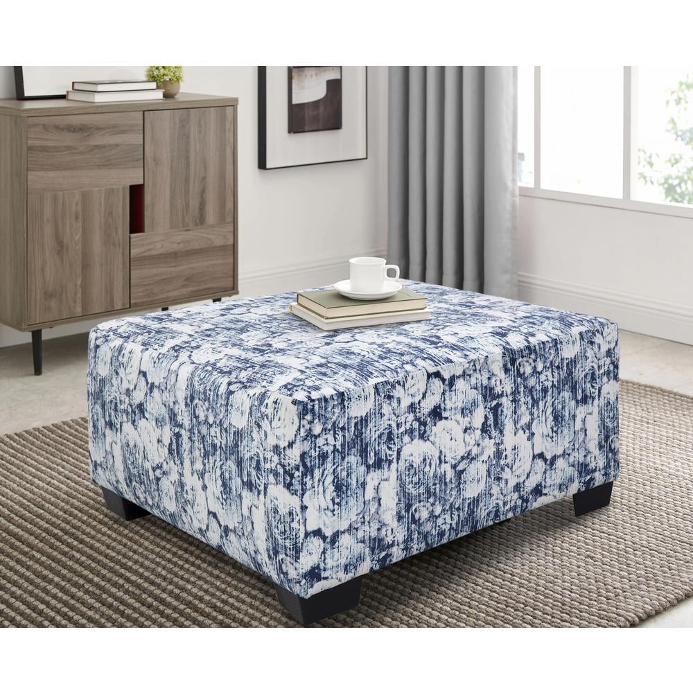 Blue Floral Square Upholstered Cocktail Ottoman