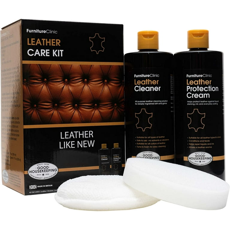 Furniture Clinic Leather Care Kit | with 17oz Protection Conditioner, 17oz Cleaner, Sponge & Cloth, Size: 34 fl oz., Clear