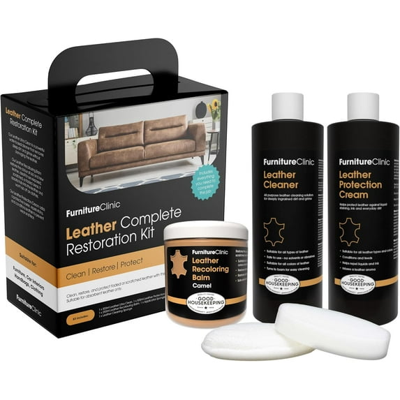 Furniture Clinic Leather Complete Restoration Kit | with Leather Recoloring Balm, Cleaner, 2-in-1 Protection Cream & Conditioner, Sponge, and Cloth | Repair Kit for Furniture (Camel)