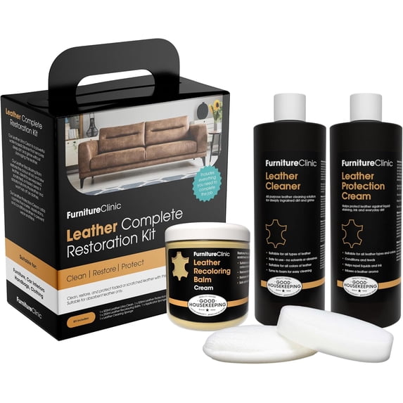 Furniture Clinic Leather Complete Restoration Kit | with Leather Recoloring Balm, Cleaner, 2-in-1 Protection Cream & Conditioner, Sponge, and Cloth | Repair Kit for Furniture (Cream)