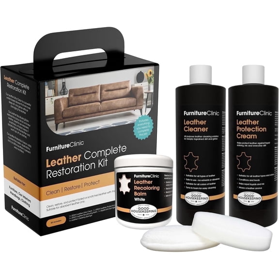 Furniture Clinic Leather Complete Restoration Kit | with Leather Recoloring Balm, Cleaner, 2-in-1 Protection Cream & Conditioner, Sponge, and Cloth | Repair Kit for Furniture (White)