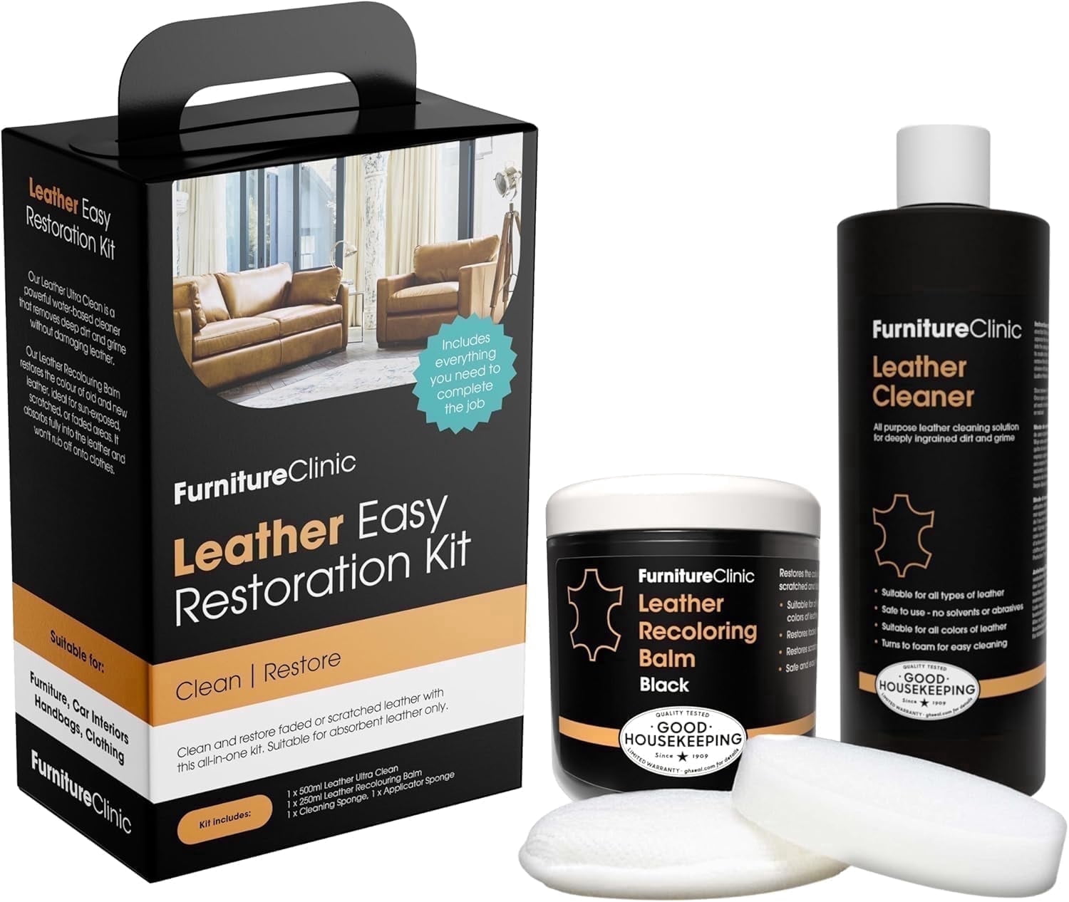 Furniture Clinic Leather Easy Restoration Kit | Includes Leather Recoloring Balm & Leather Cleaner, Sponge & Cloth | Restore & Repair Sofas, Car Seats & More (Black)