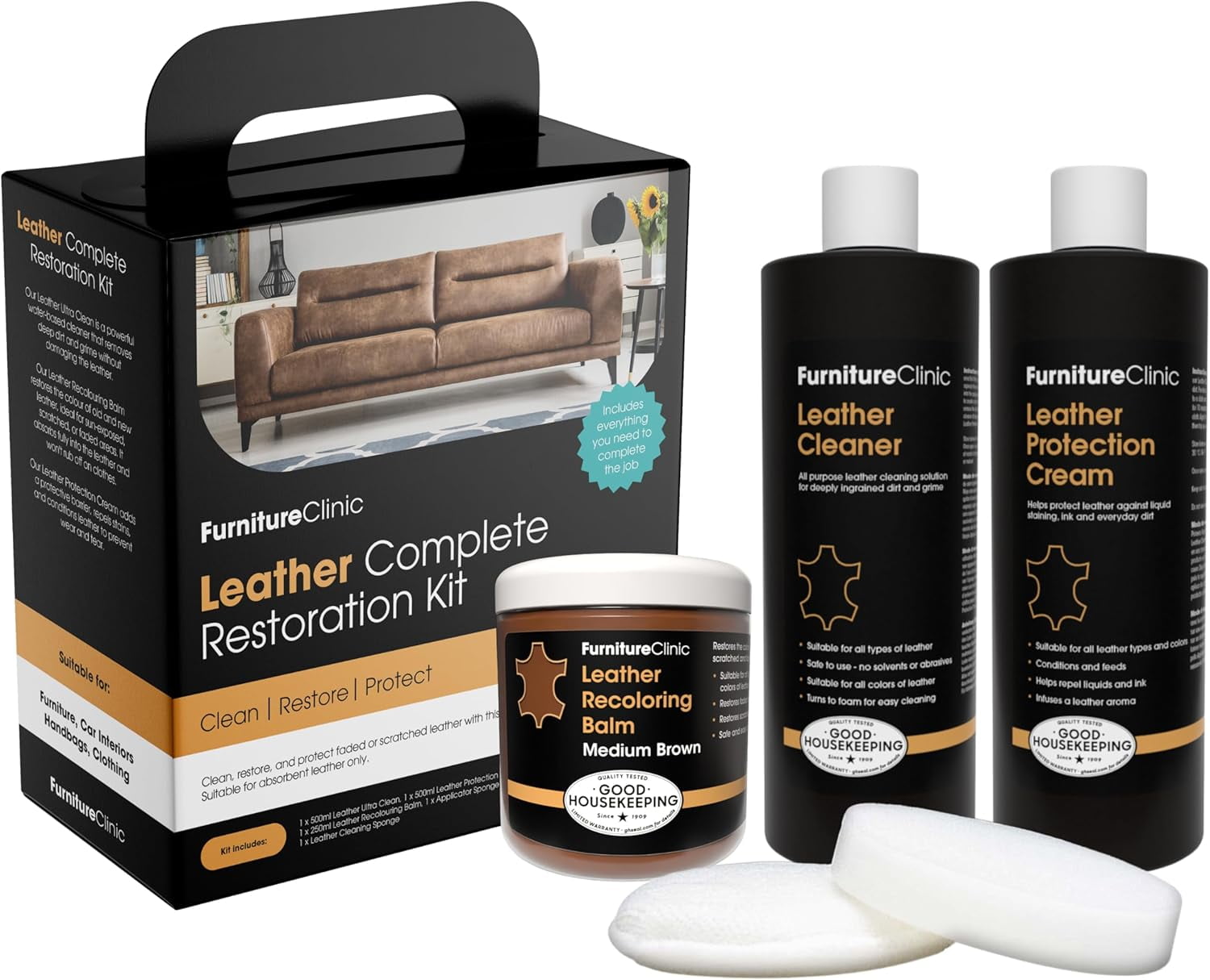 Furniture Clinic Leather Easy Restoration Kit | Includes Leather Recoloring Balm & Leather Cleaner, Sponge & Cloth | Restore & Repair Sofas, Car Seats & More (Medium Brown)