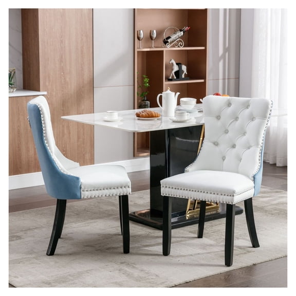 Furniture, Collection Modern, High-end Tufted Solid Wood Contemporary PU and Upholstered Dining Chair with Wood Legs Nailhead Trim 2-Pcs Set, White+Light Blue, SW2101WL