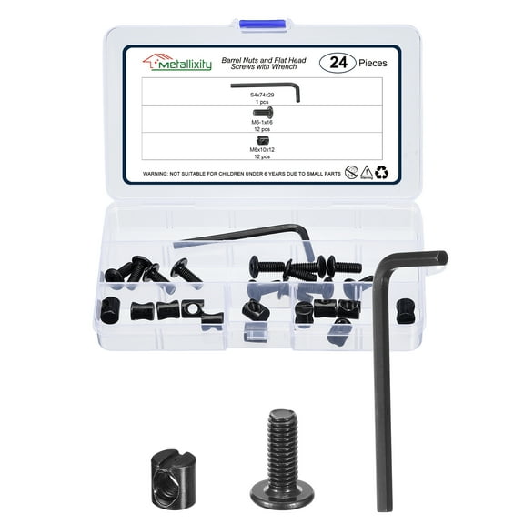 Furniture Connector Bolt Cap Nut Kit with Wrench(M6-1x20mm) 24Pcs, Connector Bolt M6 Countersunk Screw Barrel Nuts Binding Screws, for Chair Cabinet Bed, Black