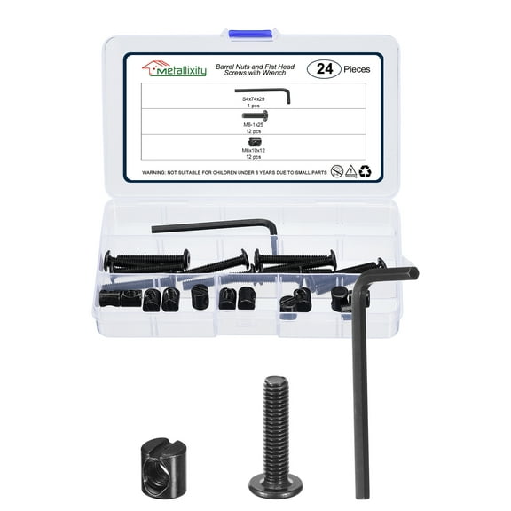 Furniture Connector Bolt Cap Nut Kit with Wrench(M6-1x20mm) 24Pcs, Connector Bolt M6 Countersunk Screw Barrel Nuts Binding Screws, for Chair Cabinet Bed, Black