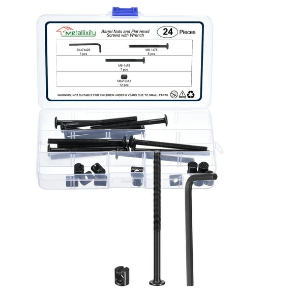 Furniture Connector Bolt Cap Nut Kit with Wrench(M6-1x20mm) 24Pcs, Connector Bolt M6 Countersunk Screw Barrel Nuts Binding Screws, for Chair Cabinet Bed, Black