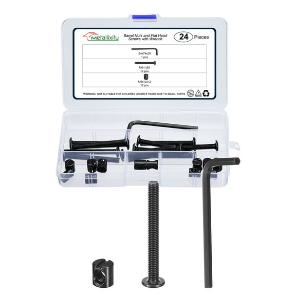 Furniture Connector Bolt Cap Nut Kit with Wrench(M6-1x20mm) 24Pcs, Connector Bolt M6 Countersunk Screw Barrel Nuts Binding Screws, for Chair Cabinet Bed, Black