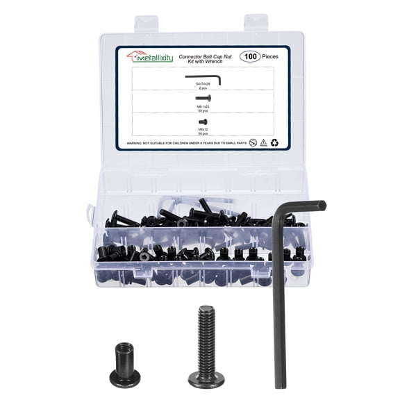 Furniture Connector Bolt Cap Nut Kit with Wrench(M6-1x25mm) 100Pcs, Connector Bolts M6 Countersunk Screw Barrel Nuts Binding Screws, for Chair Cabinet Bed, Black