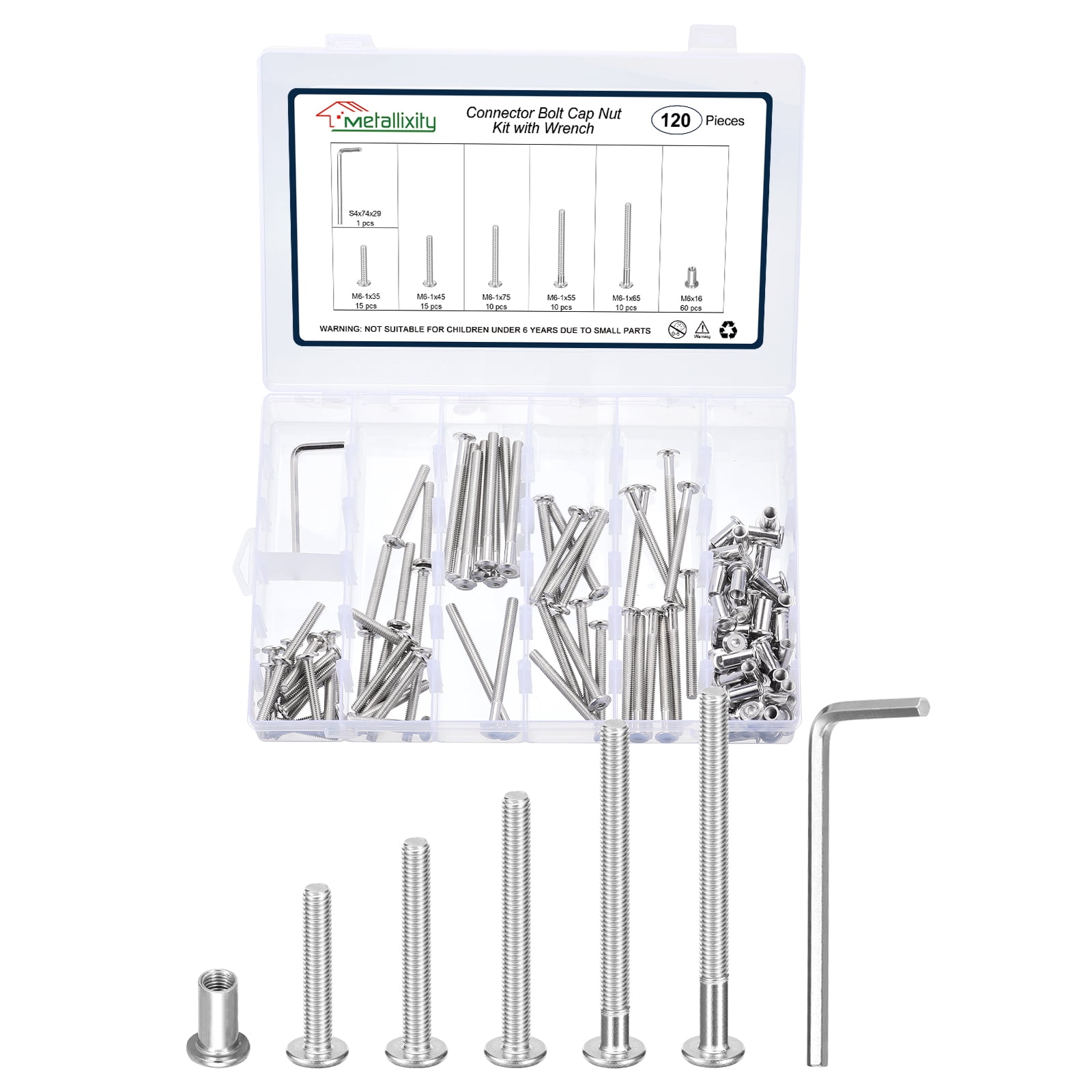 Furniture Connector Bolt Cap Nut Kit with Wrench(M6-1x35/45/55/65/75mm) 120Pcs, Connector Bolts M6 Countersunk Screw Barrel Nuts Binding Screws, for Chair Cabinet Bed, Silver
