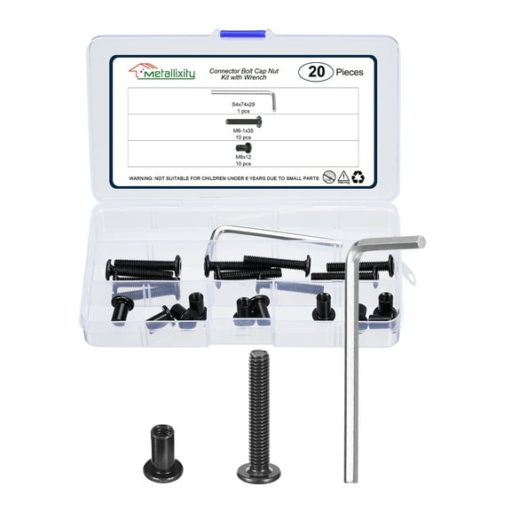 Furniture Connector Bolt Cap Nut Kit with Wrench(M6-1x35mm) 20Pcs, Connector Bolts M6 Countersunk Screw Barrel Nuts Binding Screws, for Chair Cabinet Bed, Black