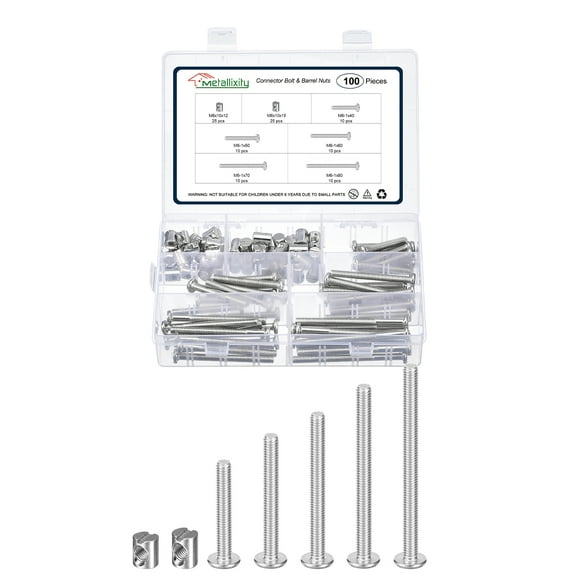 Furniture Connector Bolt Cap Nut Kit with Wrench(M6-1x40/50/60/70/80mm) 100Pcs, Connector Bolt M6 Countersunk Screw Barrel Nuts Binding Screws, for Chair Cabinet Bed, Silvery