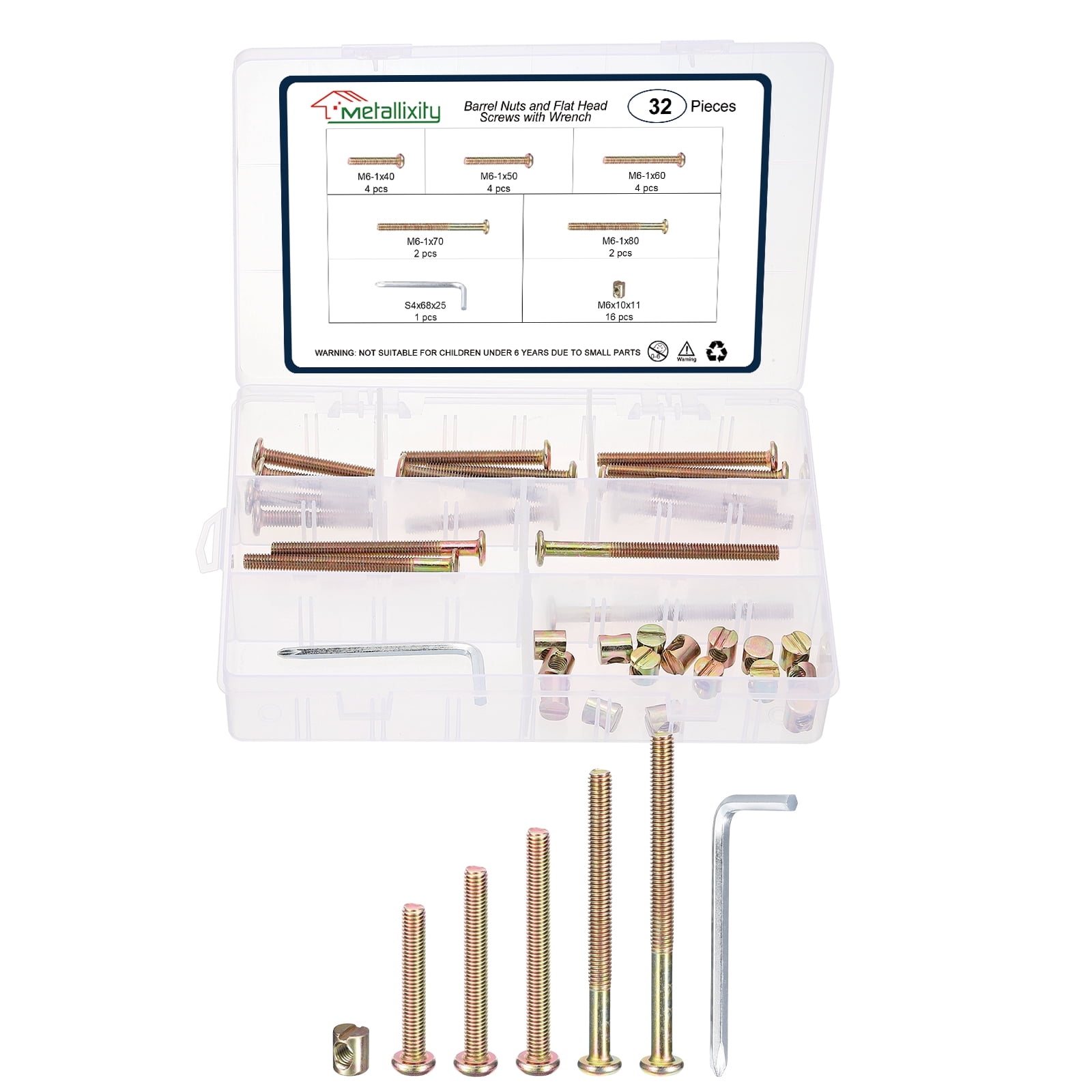 Furniture Connector Bolt Cap Nut Kit with Wrench(M6-1x40/50/60/70/80mm) 36Pcs, Connector Bolt M6 Countersunk Screw Barrel Nuts Binding Screws, for Chair Cabinet Bed, Yellow