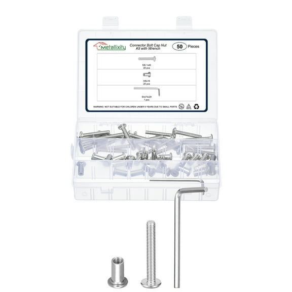 Furniture Connector Bolt Cap Nut Kit with Wrench(M6-1x40mm) 50Pcs, Connector Bolts M6 Countersunk Screw Barrel Nuts Binding Screws, for Chair Cabinet Bed, Silver