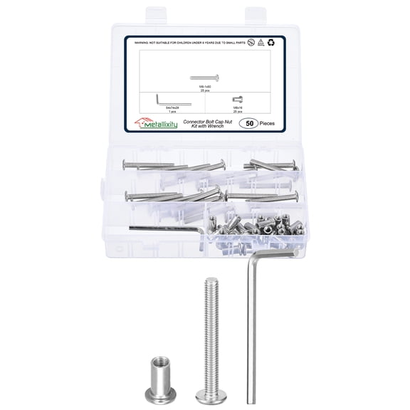 Furniture Connector Bolt Cap Nut Kit with Wrench(M6-1x50mm) 50Pcs, Connector Bolts M6 Countersunk Screw Barrel Nuts Binding Screws, for Chair Cabinet Bed, Silver