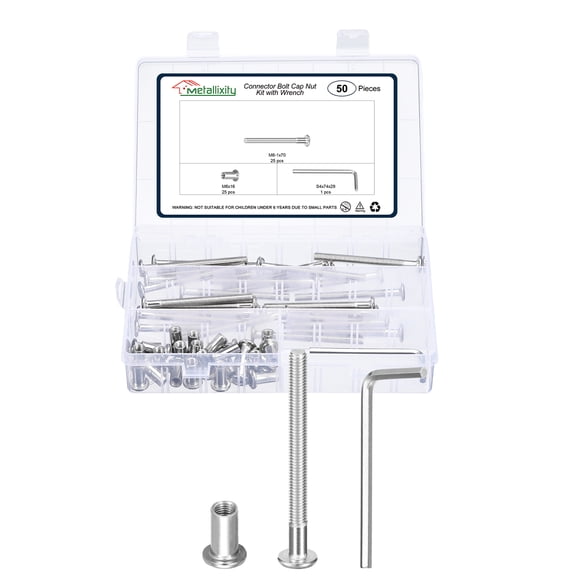Furniture Connector Bolt Cap Nut Kit with Wrench(M6-1x70mm) 50Pcs, Connector Bolts M6 Countersunk Screw Barrel Nuts Binding Screws, for Chair Cabinet Bed, Silver