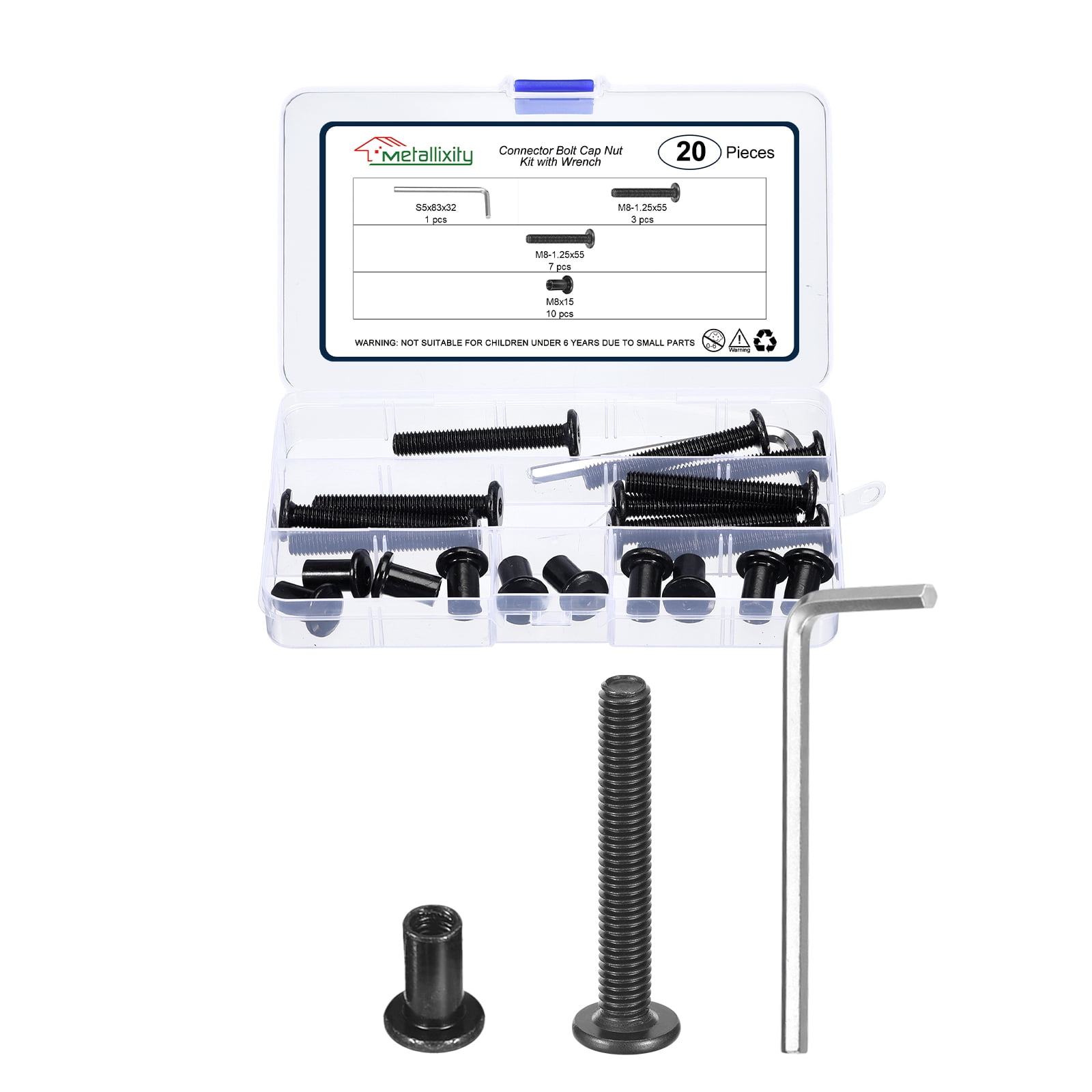 Furniture Connector Bolt Cap Nut Kit with Wrench(M6-1x80mm) 24Pcs, Connector Bolts M6 Countersunk Screw Barrel Nuts Binding Screws, for Chair Cabinet Bed, Black