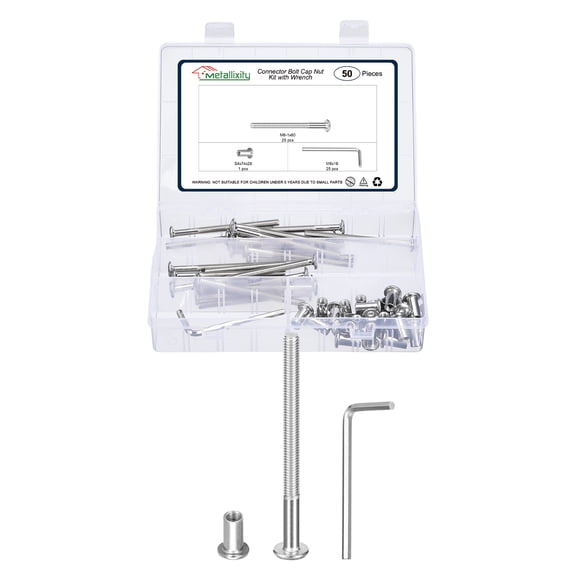 Furniture Connector Bolt Cap Nut Kit with Wrench(M6-1x80mm) 50Pcs, Connector Bolts M6 Countersunk Screw Barrel Nuts Binding Screws, for Chair Cabinet Bed, Silver