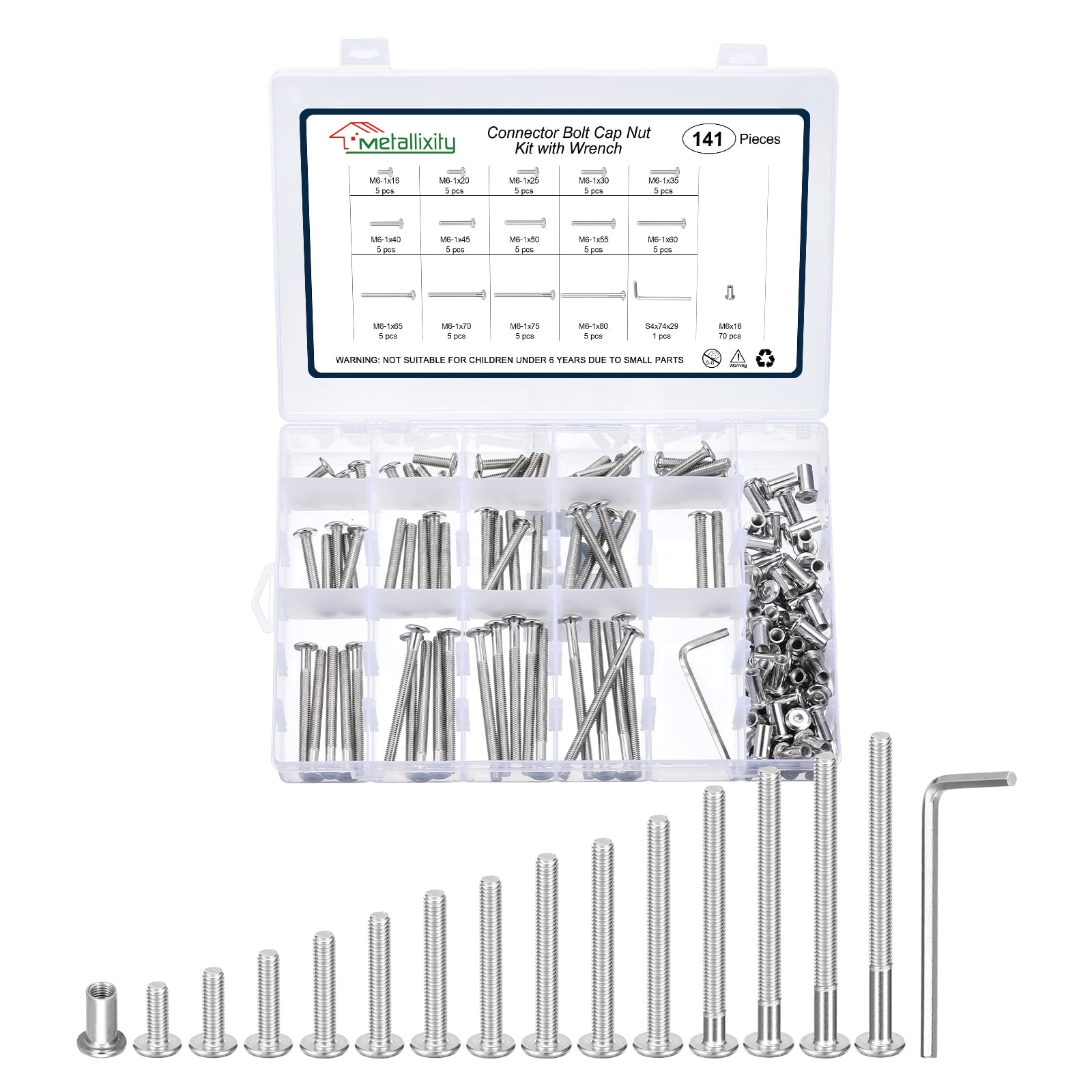 Furniture Connector Bolt Cap Nut Kit with Wrench(M6-1x16/20/25/30/35/40/45/50/55/60/65/70/75/80mm) 141Pcs, for Chair Cabinet Bed, Silver
