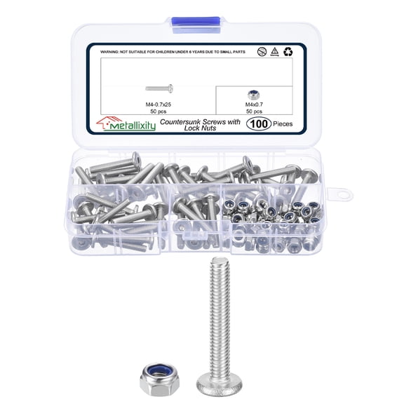 Furniture Connector Bolt Nut(M4-0.7x25) 100Pcs, Silver Tone, 304 Stainless Steel Hex Socket Countersunk Screws with Lock Nuts - for Furniture Woodworking Project, Silver Tone