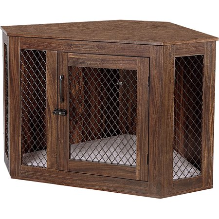 Furniture Corner Dog Crate W/Cushion for Medium/Large Dog,Wooden 44'' Lockable Dog Kennel