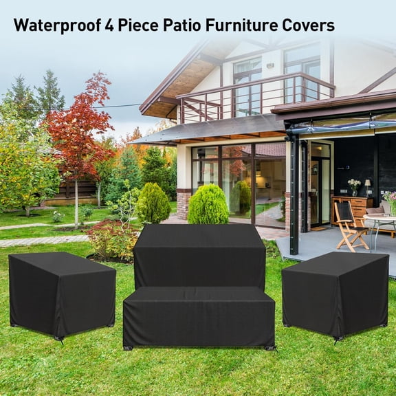 Furniture Covers, 4 Piece Heavy Duty Waterproof Outdoor Furniture Cover with Windproof Buckle Strap, Rattan Wicker Furniture Set Cover for Chair Sofa Black (Black, X-Large)