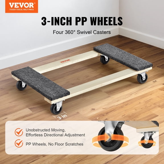 Furniture Dolly, 1000 Lbs Load Capacity, 18' X 30', 4 X 3' PP Swivel Casters, Heavy Duty Hardwood Furniture Moving Dolly, Mover's Dolly, Moving Cart With Wheels For Heavy Furniture Home Cleaning