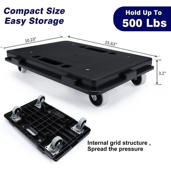 Furniture Dolly, 2 Pack Small Flat Moving Dolly, Furniture Movers with 4 Wheels, 500Lbs Capacity, Connectable and Portable Dollies for Heavy Appliance, Black