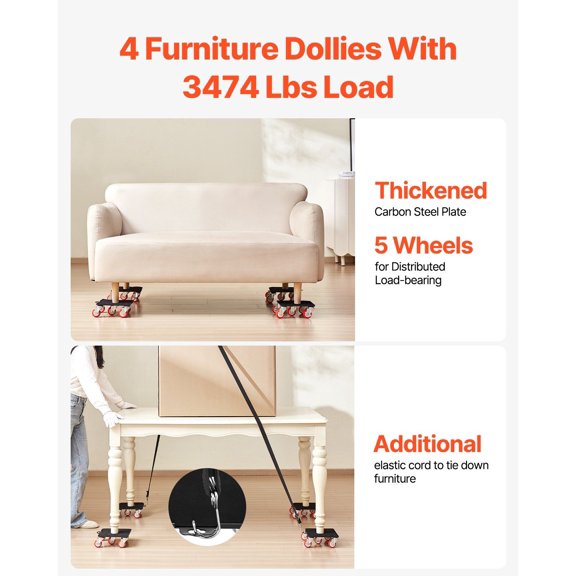 Furniture Dolly, Maximum Load 3474 lbs, Heavy Duty Furniture Movers with 5 360 Rotation Wheels, Carbon Steel Panel, Furniture Lift Slider Tool Set fo