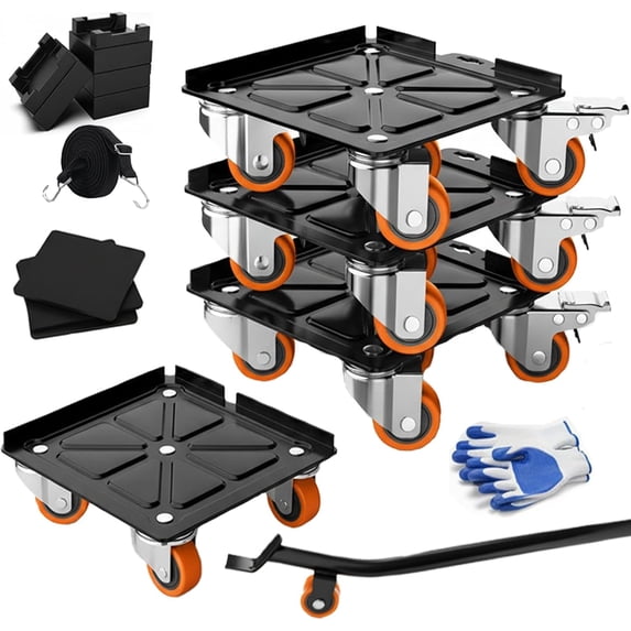 Furniture Dolly Movers Heavy Duty - 2000LBS Load Capacity, 1.8mm Thickened Steel Base, 5 Rubber Wheels with Brakes,L-Shaped Edge Anti-Slip Design,6.5"Heavy Duty Moving Dolly Lifter Set, 4 Pack