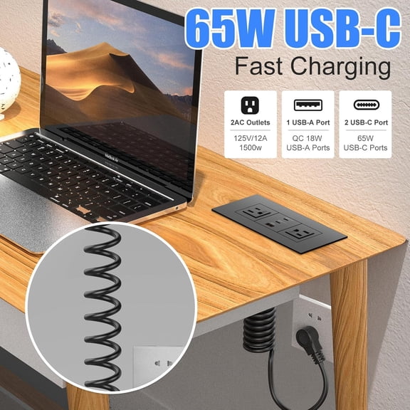 Furniture Drawer Outlet (ETL Listed) with 65W USB-C Ports Fast Charging,Tamper-Resistant Design AC Outlets, Recessed Power Strip 2 AC Outlets, 5 FT Spring Cord (Black)