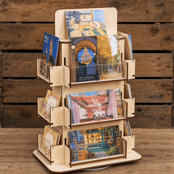 Furniture For Displaying Goods Sticker Display Wood 3 Tier Stand 4-sided Holder Card 360 Degree Stickers