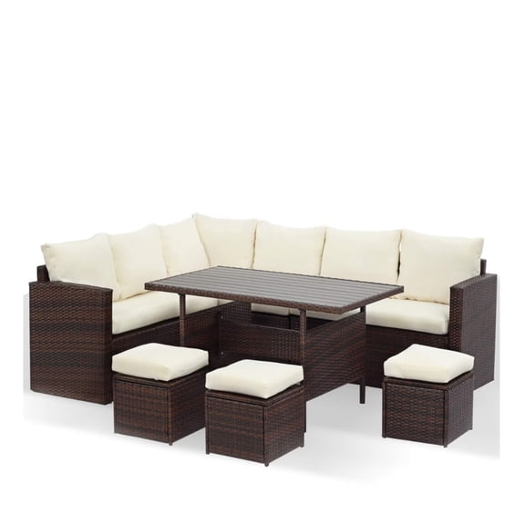 Furniture Furniture 7pc Wicker Outdoor Dining Set, 9-Seat Patio Sectional Sofa with Beige Cushions & WPC Table - Rattan Furniture for Backyard, Garden